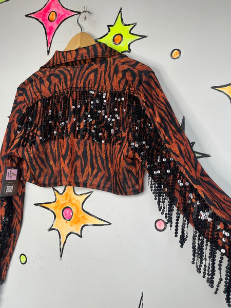 NWT Tiger Print Cowgirl Jacket Sequin Fringe Western Statement Piece Glam XL+