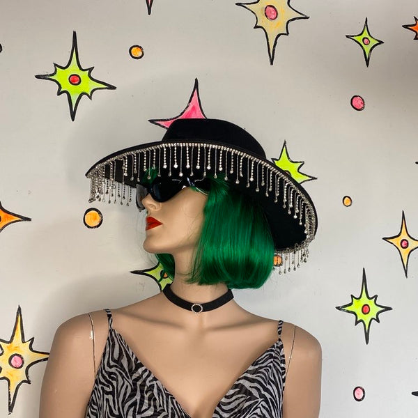 Black Beaded Fringe Cowgirl Hat | Rhinestone Western Goth Glam - One Size