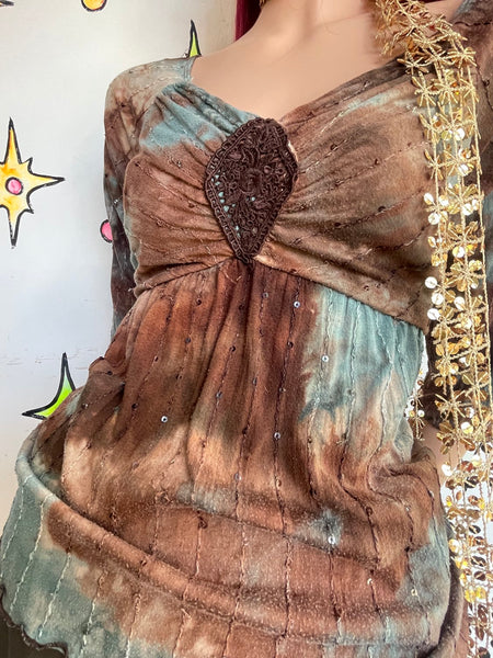 Y2K Blue & Brown Tie-Dye Crochet Embellished Top Fairy Grunge Boho Mori Kei L