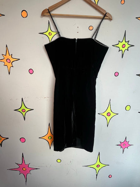 80s Black Velvet Mini Dress Goth Vamp Party Cocktail Faux Pearl Trim Dress M
