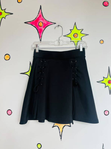 Y2K Black Lace Up Babydoll Mini Skirt | Stretchy Goth Fairy Hot Topic Skirt | S