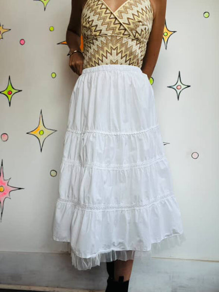 Y2K White Boho Tiered Cotton Maxi Skirt – Coquette Fairy Grunge Crinoline – M