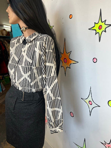 Vintage 80s Geometric Print Office Siren Blouse Power Top Secretary Chic 9/10