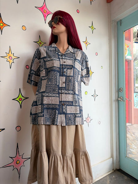 Blue & Khaki Hawaiian Souvenir Tiki Aloha Party Shirt Oversized Boxy Cotton M
