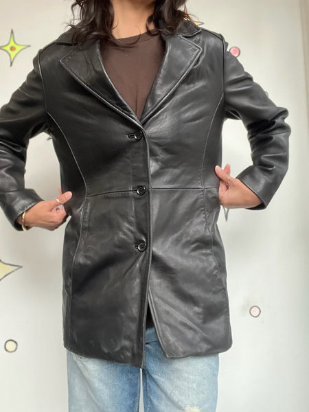 Vintage 90s Black Leather Trench Coat Goth Grunge Leather Jacket - Small