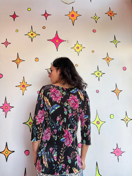 Vintage Black Floral Pleated Blouse 90s Whimsigoth Fairy Romantic Top S