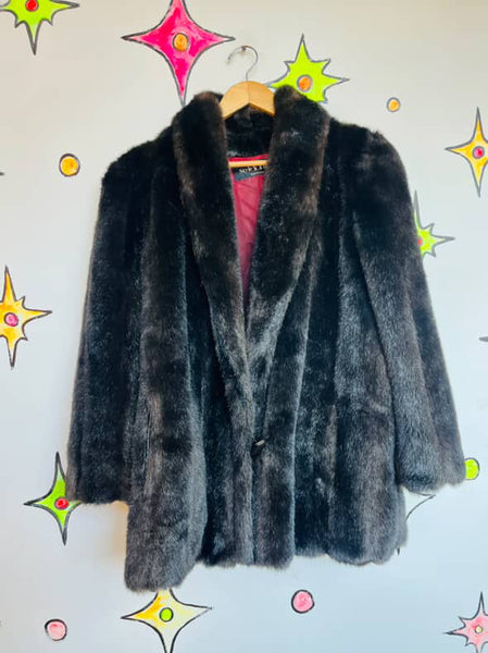 Vintage 70s 80s Chocolate Brown Faux Fur Vegan Glam Pinup Boho Grunge Coat M/L