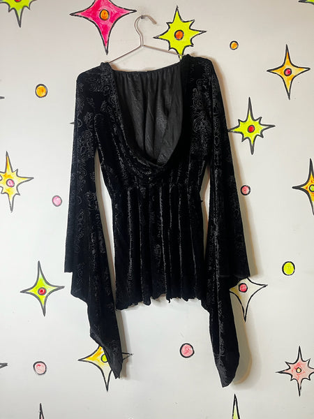 Black Velvet Hooded Goth Mini Dress | Bell Sleeves Witchy Dress | S/M