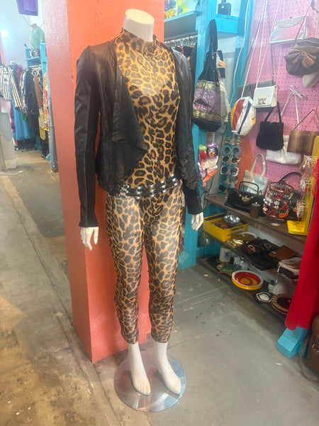 Vintage Y2K Leopard Sheer Stretch Catsuit | Catwoman Layering Bodysuit | S-M
