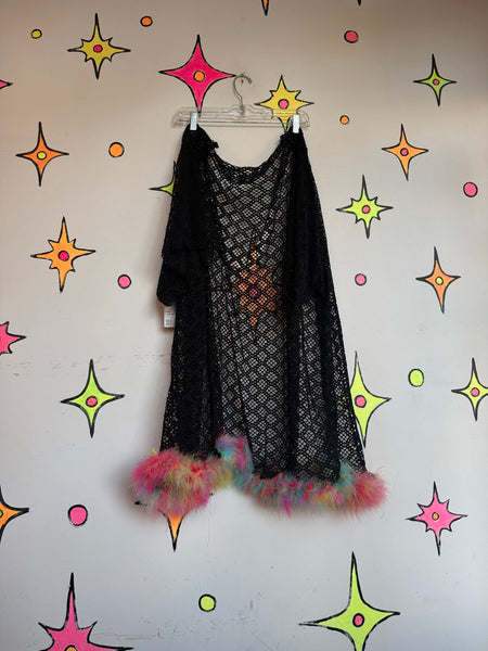 Y2K Rainbow Feather Trim Kimono Rave Cyber Grunge Japanese Streetwear