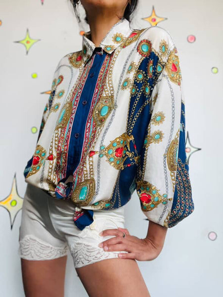 Vintage 90s Silk Scarf Print Rococo Revival Blouse - Boho Grunge Long Sleeve - M