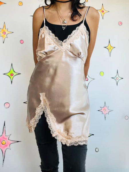 Vintage 90s Y2K Blush Pink Satin Lace Fairy Grunge Princess Mini Slip Dress M