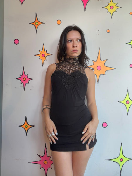 Black Lace Crochet Mini Dress Goth Fairy Grunge Romantic Vamp Layering Dress S