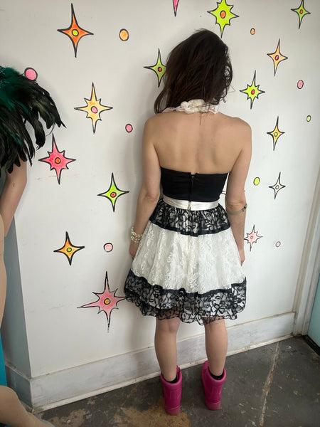 80s Gunne Sax Black & White Lace Lolita Crinoline Prom Party Cupcake Dress - XS