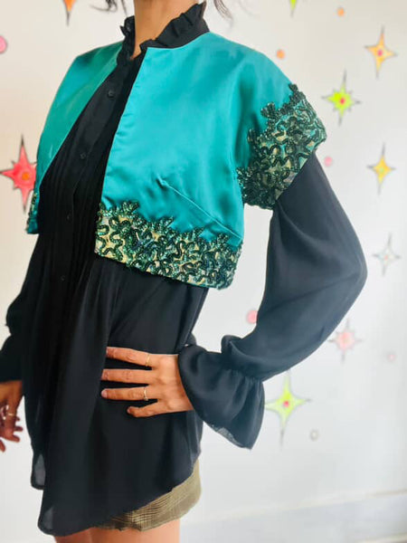 Vintage 40s Green Satin Sequined Cropped Bolero – Circus Costume Jacket – XS