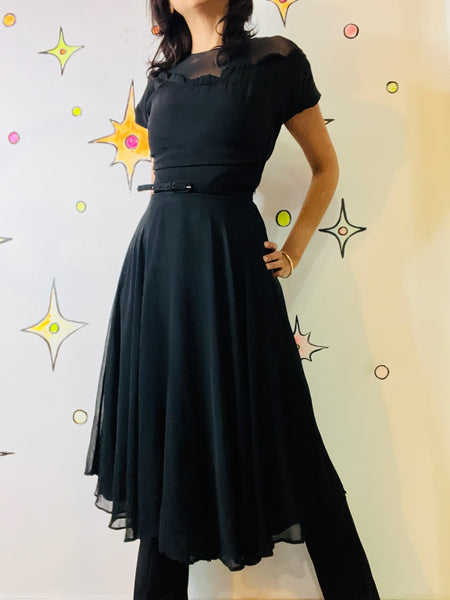 50s Fit & Flare Dress - Witchy Goth Pin-Up - Sheer Neckline - Black Cocktail - S