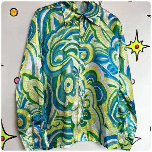 Vintage 70s Retro Groovy Psychedelic Op Art Disco Shirt – Dagger Collar M/L