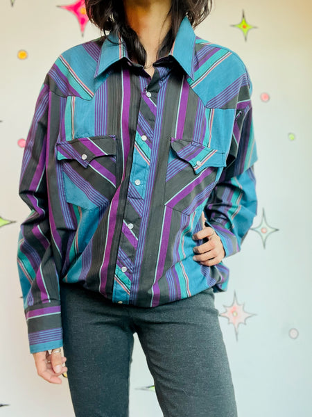 Vintage Striped Western Pearl Snap Shirt - Men's Cowboy Rodeo Style - XL