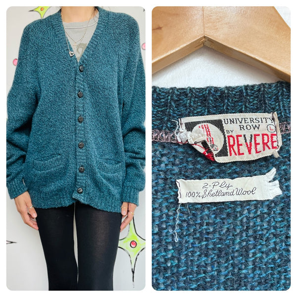Blue 1950s Wool Cardigan | University Row by Revere 100% Shetland Vintage Knit L