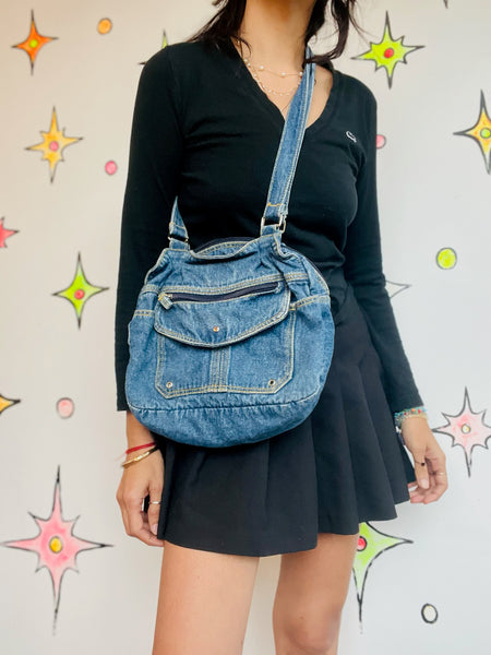 Vintage 80s Blue Denim Multi-Pocket Crossbody Bag – Fairy Grunge Boho Purse