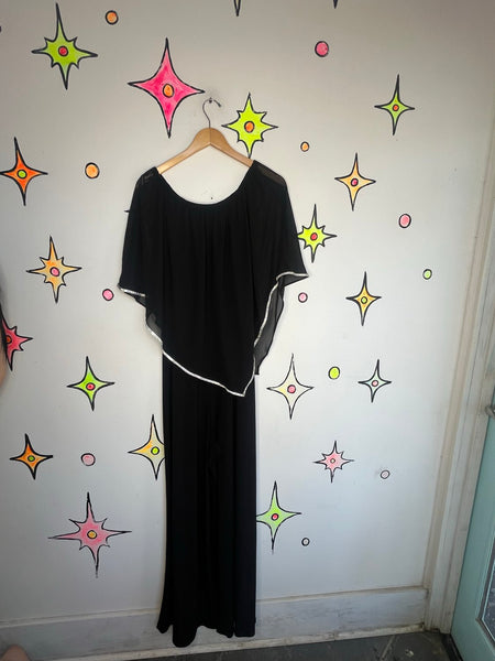 Vintage Y2K Black Off-Shoulder Rhinestone Jumpsuit | Disco Glam Party – XL
