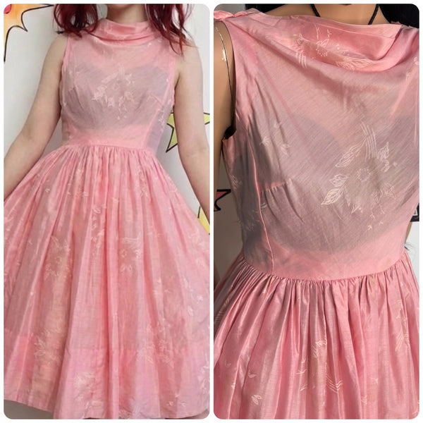 Vintage 50s Pink Bows Dress Babydoll Cotton Cupcake Party Kawaii Twirl Pinup S/M