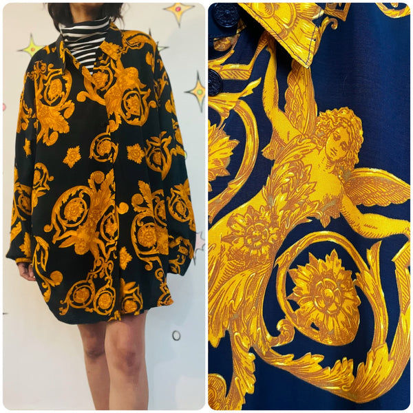 Boho Witchy Scarf Print Oversized Romantic Goth Shirt Dress - Angel Motif - XL+
