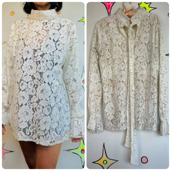 Vintage 70s White Sheer Lace Rococo Babydoll Grunge Boho Bow Neck Top Blouse | L