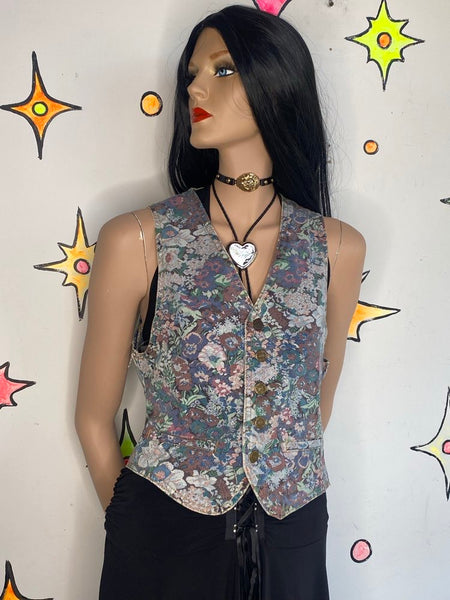 Vintage 80s 90s Cropped Floral Denim Vest ' Grunge Boho Retro Jean Vest - M