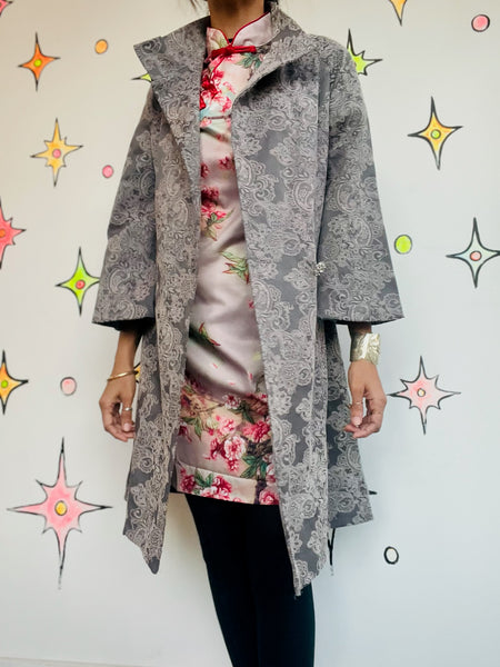 Y2K Silver Paisley Print Coat | Vamp Glam Goth Fairycore Romantic Medium - M