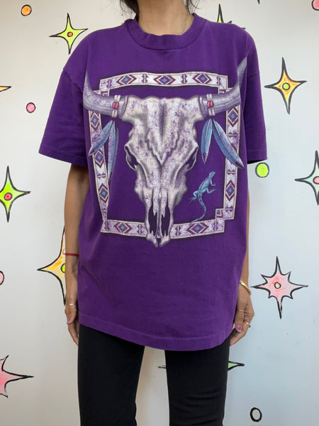 Vintage 90s Native American Dreamcatcher Skull Tee Purple Boho Grunge T Shirt L