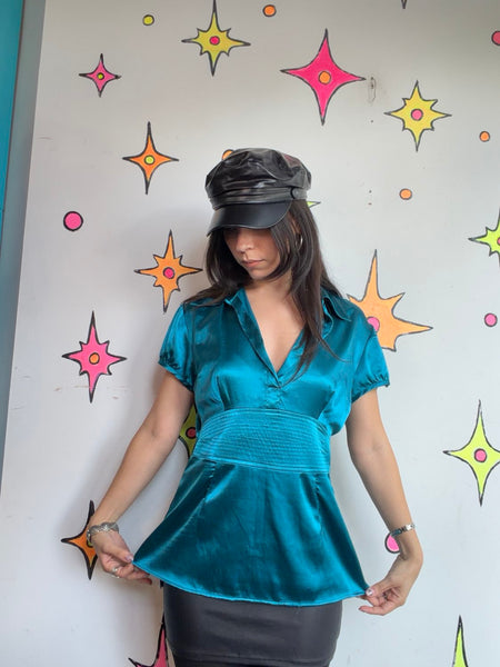 Y2K Teal Satin Blouse | Office Siren Glam Academia Shimmer Top Medium