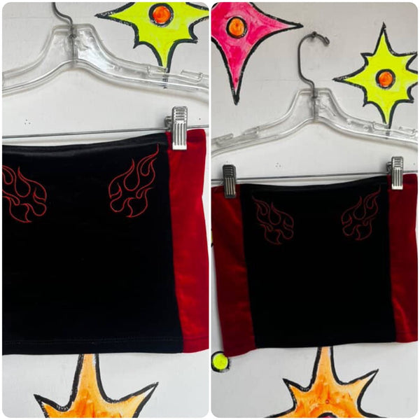 Y2K | Black and Red Velvet Stretchy Moto Racing Tube Top Emo Goth Grunge | XS