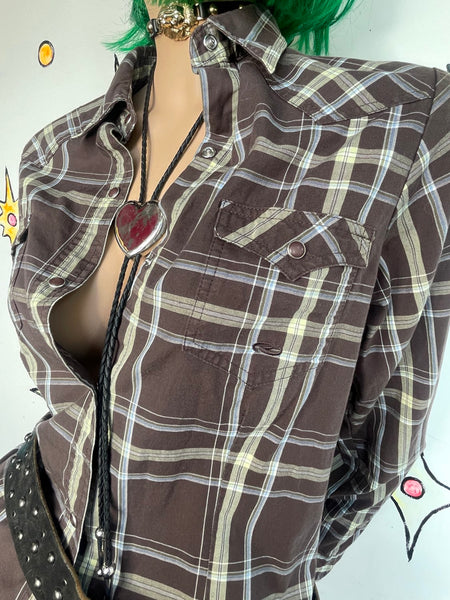 Western Pearl Snap Brown Plaid Shirt Grunge Fitted Button Up Top L