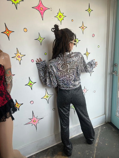 Vtg. Stretch Glam Metallic Black Silver Pinstripe Rave Disco Bellbottom Flares L