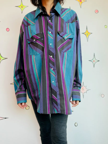 Vintage Striped Western Pearl Snap Shirt - Men's Cowboy Rodeo Style - XL