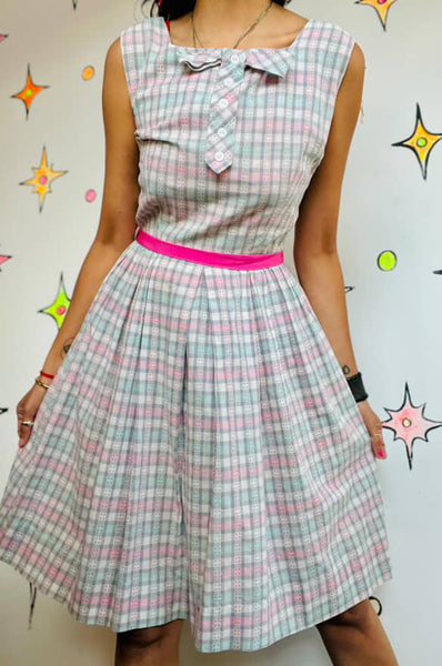 Vintage 1950s Pastel Plaid Dress | Bow Neck Fit & Flare | Size 5/6