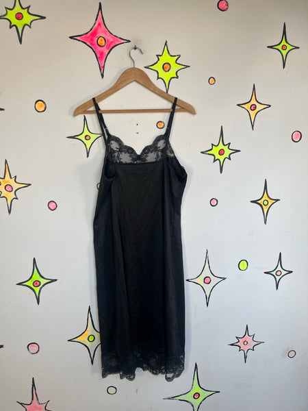 Vintage Nylon Black Lace Trim Slip Dress Boudoir Goth Fairy Grunge 36 - Large
