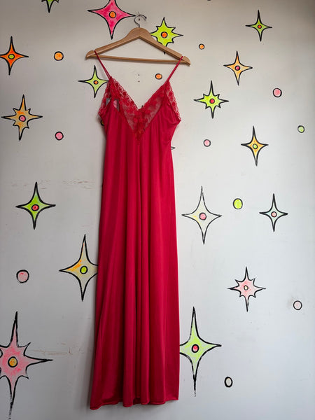Romantic Red Nylon Lace Full Length Nighty Gown Vamp Pin-Up Glam Vamp Siren S