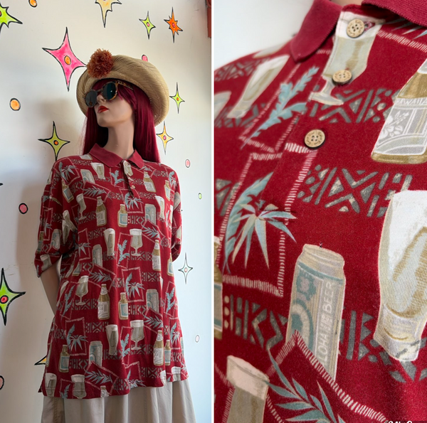 Vintage Red Tiki Souvenir Aloha Party Shirt Hawaiian Polo Knit Plus Size XXL+