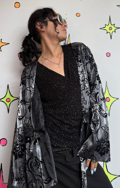 Velvet Burnout Kimono | Silver Black Floral Boho Goth Duster One Size