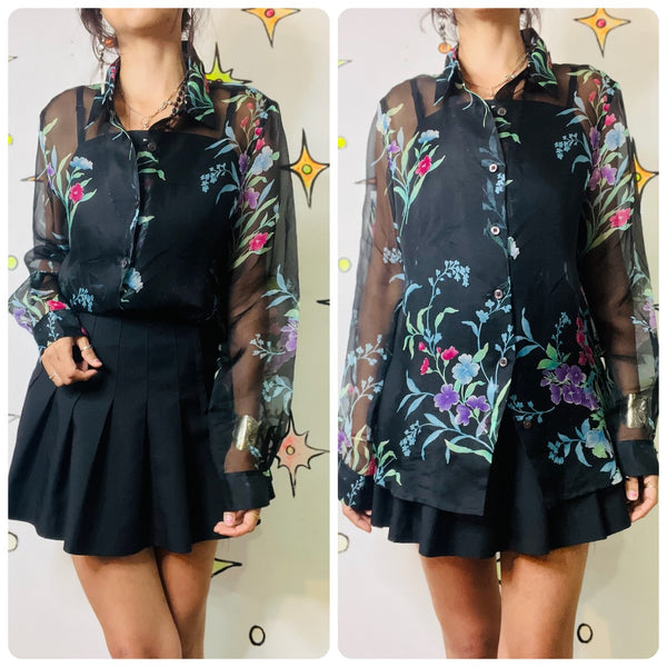 Vintage 90s Sheer Black Floral Long Sleeve Blouse | Whimsy Goth Fairy Grunge | M