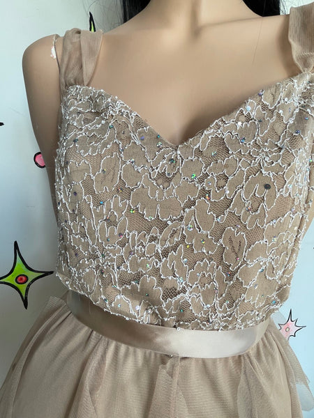 Y2K Lace Rhinestone Formal Dress Chiffon Tiered Ruffle Maxi Fairy Grunge Prom M
