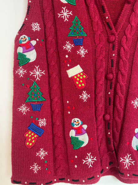 Vintage 90s Red Christmas Vest | Snowman Sweater Vest | Ugly Xmas Party – Size M
