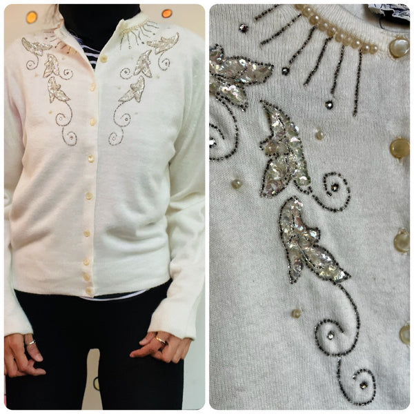 Vintage 1950s Creamy White Beaded Cardigan Sweater - Soft Fuzzy – Beaded - M