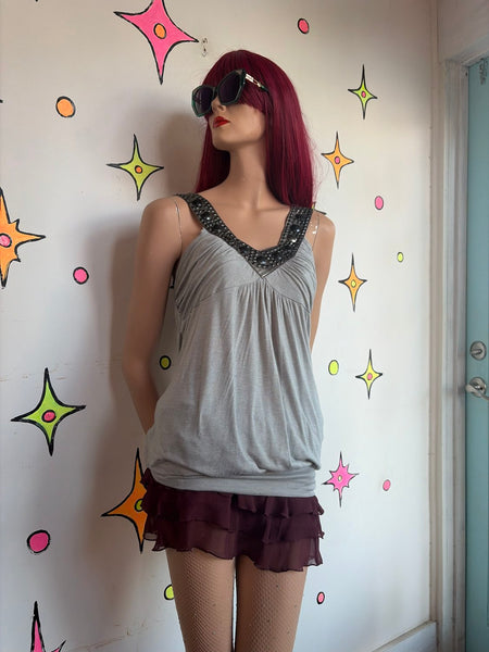 Y2K Silver Embellished Tank Top | McBling Fairy Grunge Glam Stretch Cami M