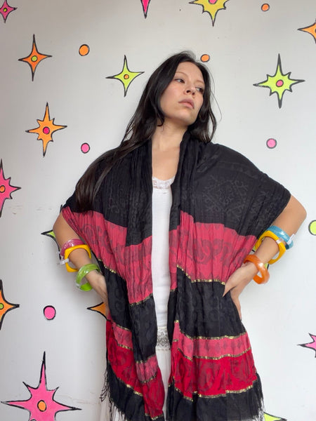 Black Red Gauzy Scarf Wrap Whimsy Goth Grunge Witchy Boho Layering Shawl