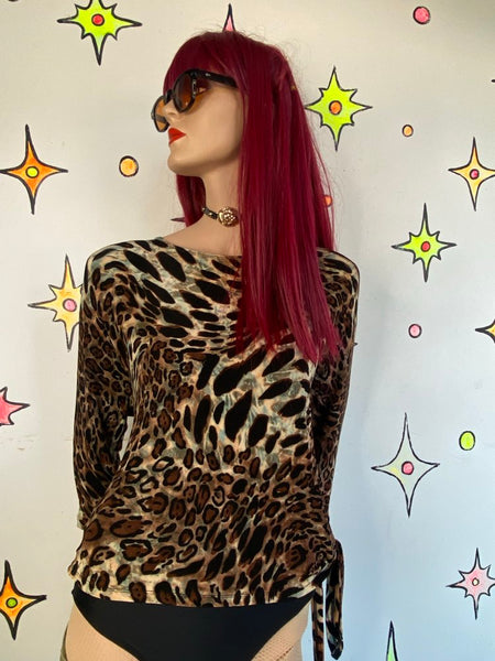 90s Leopard Slinky Stretch Side Tie Top Mirasol Casual Glam Indie Sleaze L/XL
