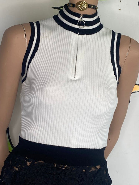 Retro Rib Knit Zip Up Turtleneck Top 90s Preppy Grunge Cropped Sweater S