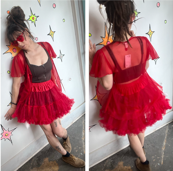 Crimson Red Tulle Tutu Mini Skirt Babydoll Dollcore Retro Pin-Up Separate S